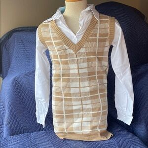 Elegant Tan Plaid Long Sleeve Dress